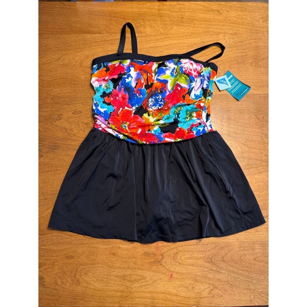 NWT Maxine of Hollywood Women's Floral Bandeau One-Piece Swimdress Black Sz 22W